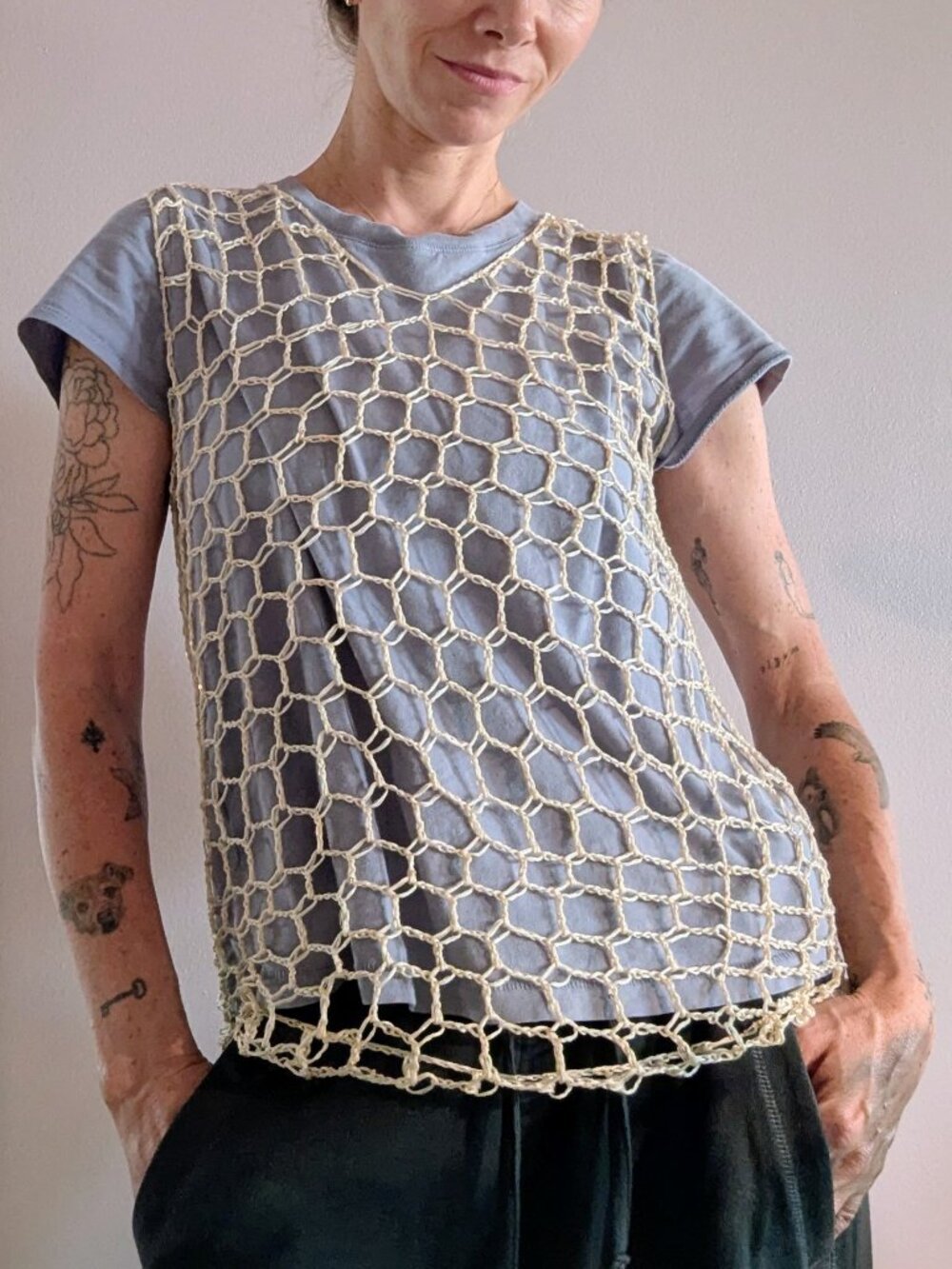 Handmade Crochet Sequin Mesh Layering Tank Top Linen OS Cream Gold